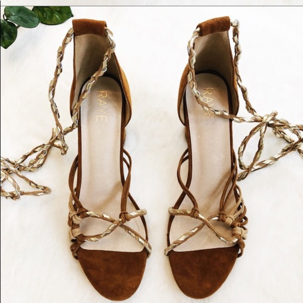New RAYE Maddie Brown suede block heel wrap strap